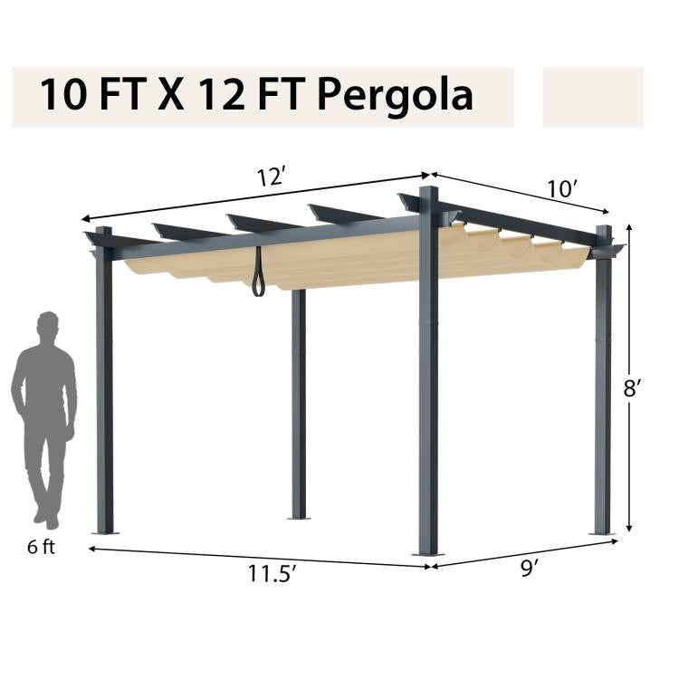 Modern 10 x 12 Ft Outdoor Sturdy Pergola Gazebo with Retractable Beige Canopy with dimensions and silhouette for scale.