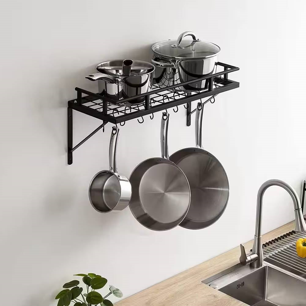 Matte Black Stainless Steel Wall Mounted Pot Rack with 10 Hanging Hooks above kitchen counter