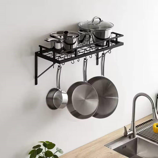 Matte Black Stainless Steel Wall Mounted Pot Rack with 10 Hanging Hooks above kitchen counter