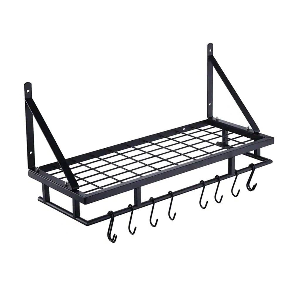 Matte Black Stainless Steel Wall Mounted Pot Rack with 10 Hanging Hooks for kitchen organization