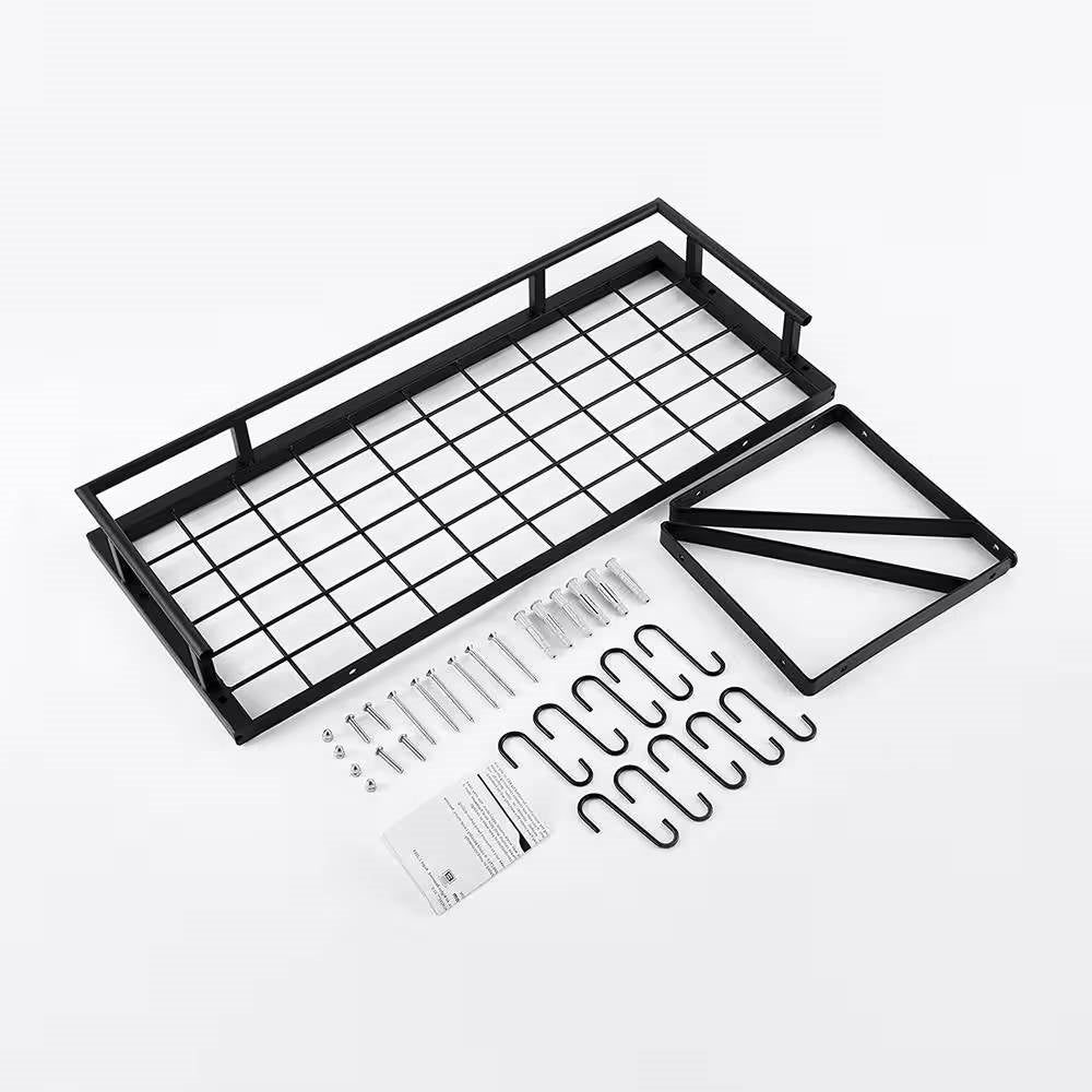 Matte Black Stainless Steel Wall Mounted Pot Rack with 10 Hanging Hooks, screws, hooks, and instructions included