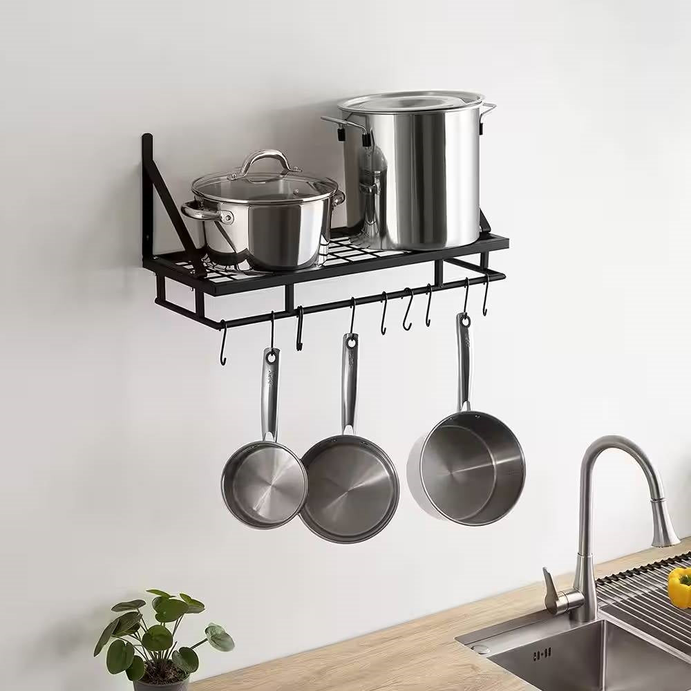 Matte Black Stainless Steel Wall Mounted Pot Rack with 10 Hanging Hooks displaying pots and pans in modern kitchen setting.