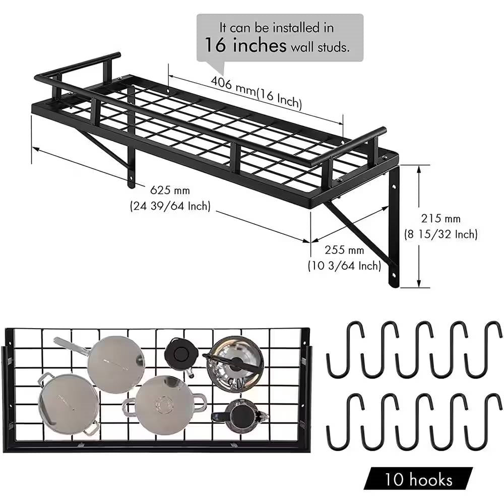 Matte Black Stainless Steel Wall Mounted Pot Rack with 10 Hanging Hooks dimensions and layout