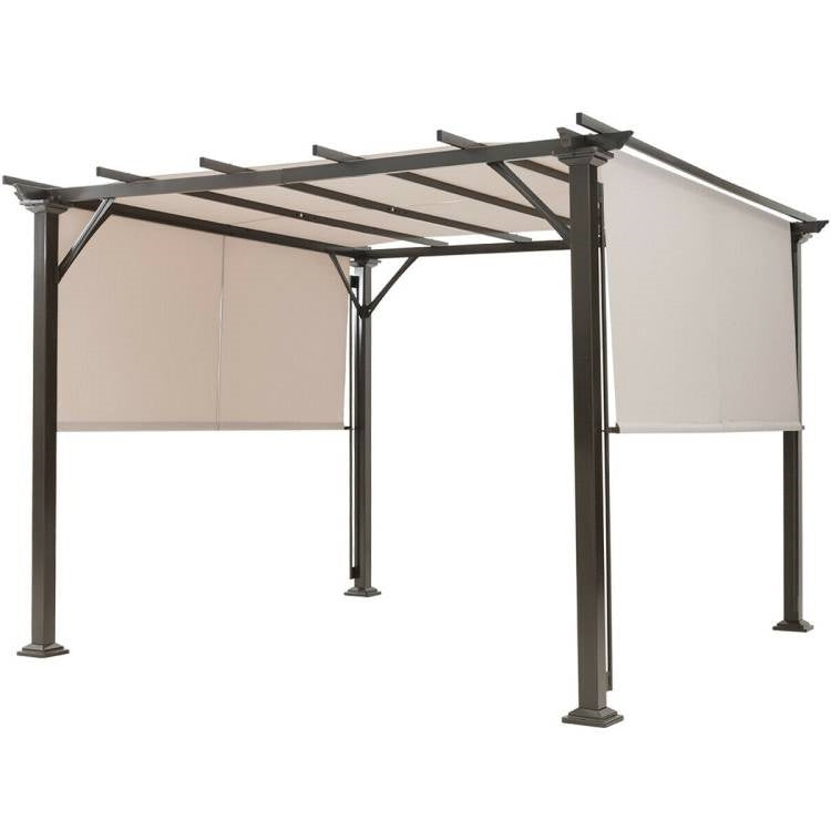 Modern 10 x 10 Ft Heavy Duty Metal Frame Pergola Gazebo with Beige Canopy in outdoor setting.