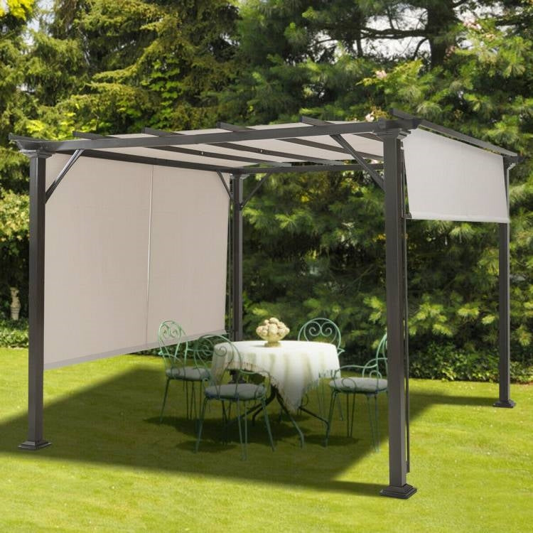 Modern 10 x 10 Ft Heavy Duty Metal Frame Pergola Gazebo with Beige Canopy in a garden setting.