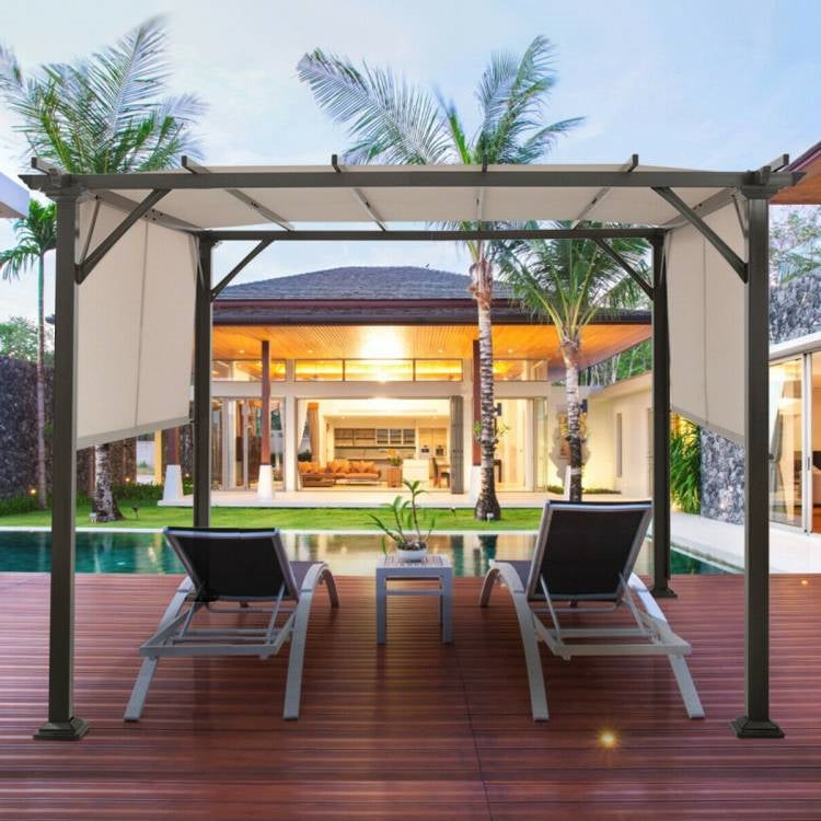 Modern 10 x 10 Ft Heavy Duty Metal Frame Pergola Gazebo with Beige Canopy by a poolside