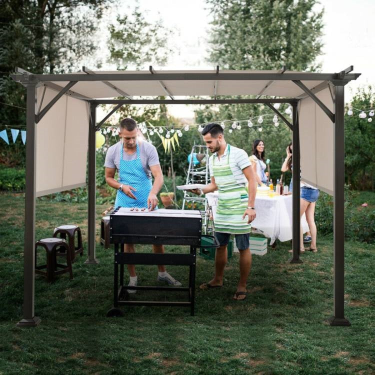 Modern 10 x 10 Ft Heavy Duty Metal Frame Pergola Gazebo with Beige Canopy over barbecue area in lush garden setting