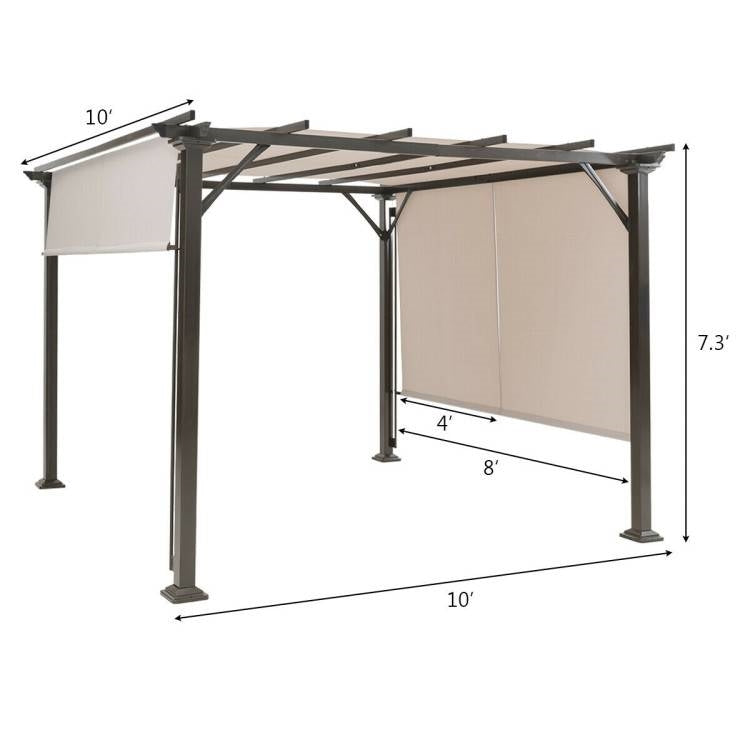 Modern 10 x 10 Ft Heavy Duty Metal Frame Pergola Gazebo with Beige Canopy dimensions and structure