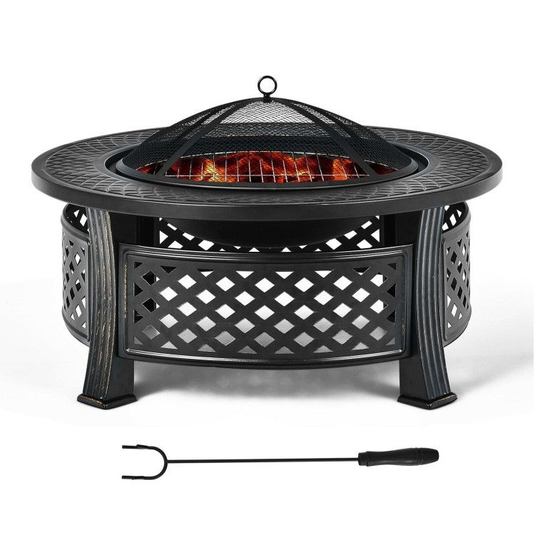 Rustic Steel Outdoor Fire Pit with BBQ Grill with Poker and Mesh Cover featuring decorative lattice design.