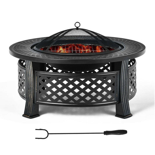 Rustic Steel Outdoor Fire Pit with BBQ Grill with Poker and Mesh Cover featuring decorative lattice design.