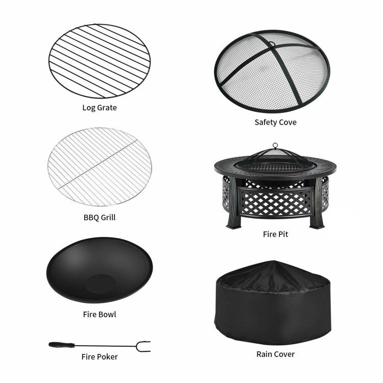 Components of Rustic Steel Outdoor Fire Pit with BBQ Grill with Poker and Mesh Cover including grate, safety cover, and rain cover.