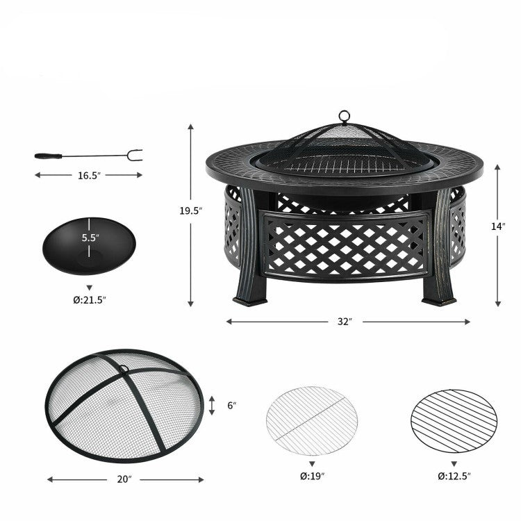 Dimensions and components of Rustic Steel Outdoor Fire Pit with BBQ Grill with Poker and Mesh Cover shown in image.