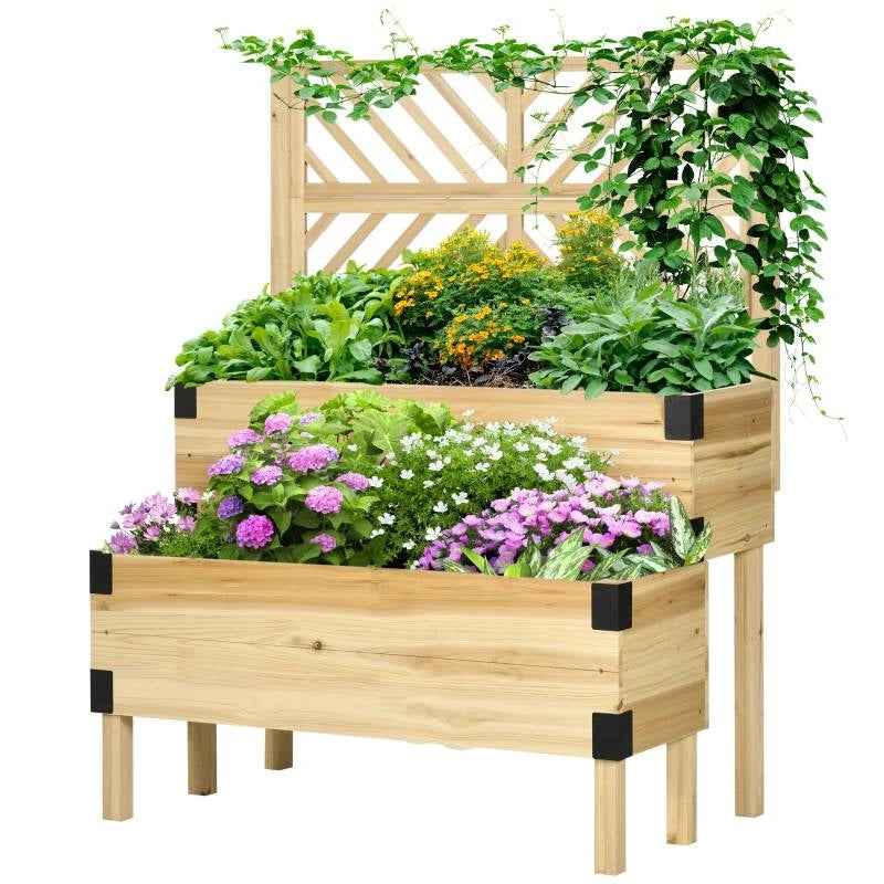 2 Tier Self Draining Natural Wood Raised Garden Bed Planter Box with Trellis filled with colorful flowers and plants.