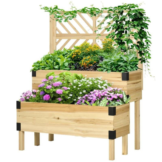2 Tier Self Draining Natural Wood Raised Garden Bed Planter Box with Trellis filled with colorful flowers and plants.
