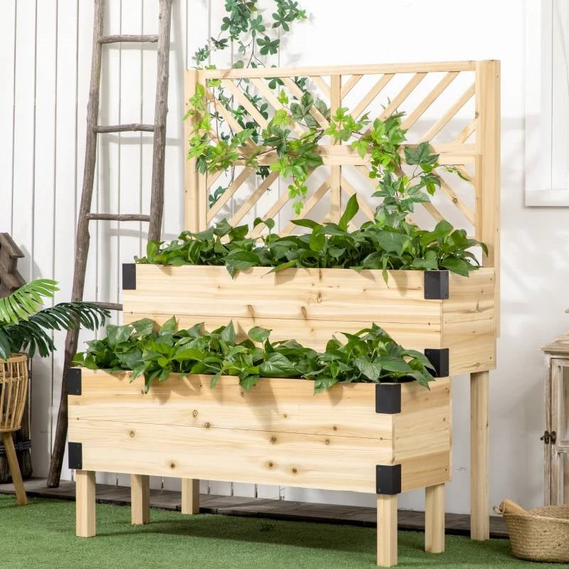 2 Tier Self Draining Natural Wood Raised Garden Bed Planter Box with Trellis in outdoor setting