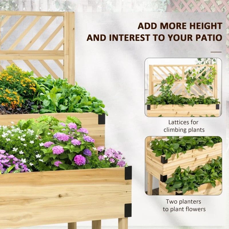 2 Tier Self Draining Natural Wood Raised Garden Bed Planter Box with Trellis shown with flowers and climbing plants.