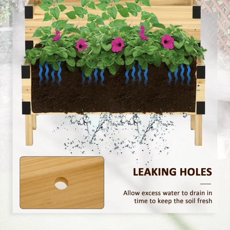 Diagram showing the 2 Tier Self Draining Natural Wood Raised Garden Bed Planter Box with Trellis featuring water drainage system.