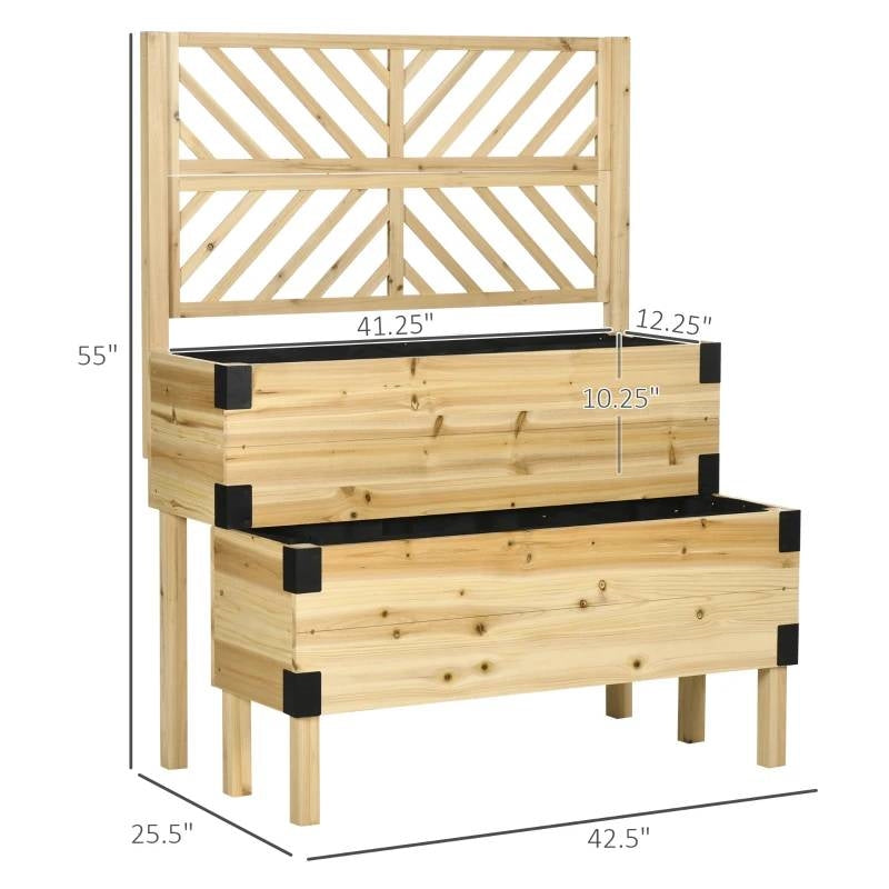 2 Tier Self Draining Natural Wood Raised Garden Bed Planter Box with Trellis and dimensions