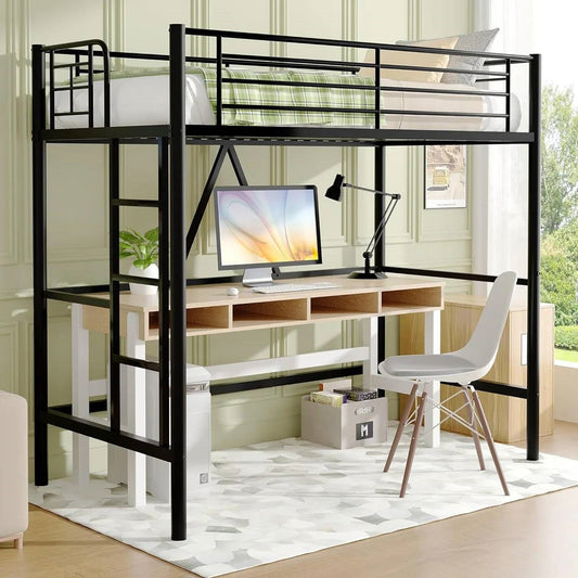 Twin size Black Metal Loft Bed Frame with Ladder - Space Saving Design featuring a desk underneath and chair setup in room.