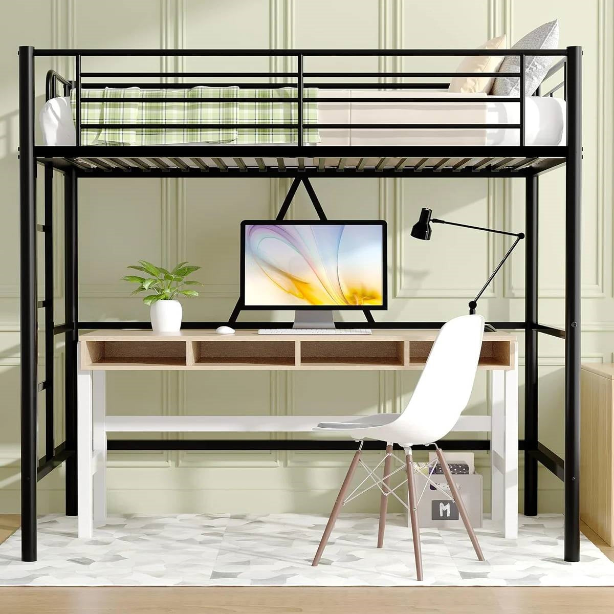 Twin size Black Metal Loft Bed Frame with Ladder - Space Saving Design with workspace underneath.