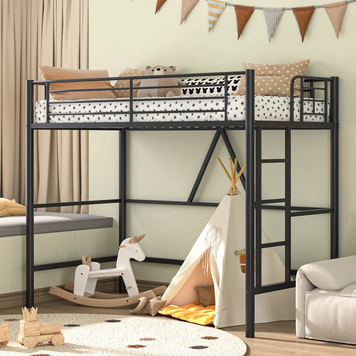 Twin size Black Metal Loft Bed Frame with Ladder - Space Saving Design in a cozy children's room setup.