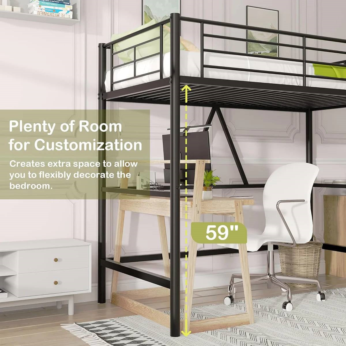 Twin size Black Metal Loft Bed Frame with Ladder - Space Saving Design showing 59-inch clearance underneath for versatile use.