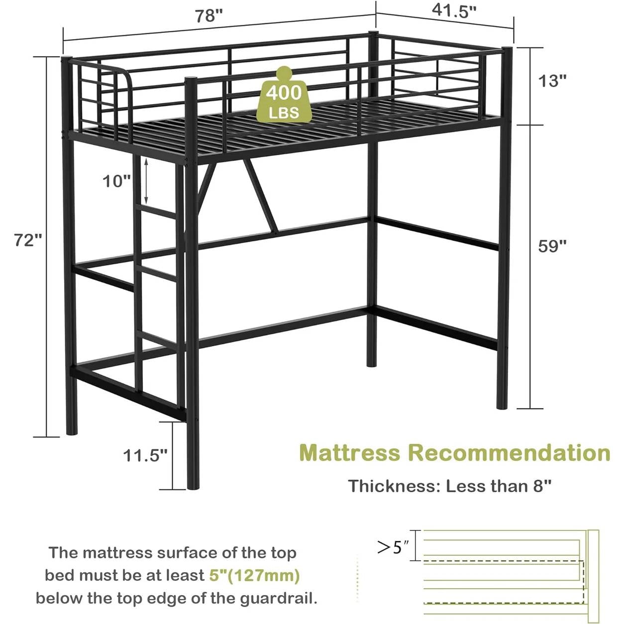 Diagram of Twin size Black Metal Loft Bed Frame with Ladder - Space Saving Design showing dimensions and weight capacity.