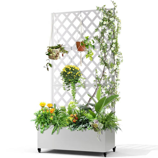 White Metal Outdoor Raised Garden Bed Planter Box with Trellis on Wheels featuring lush greenery and vibrant flowers