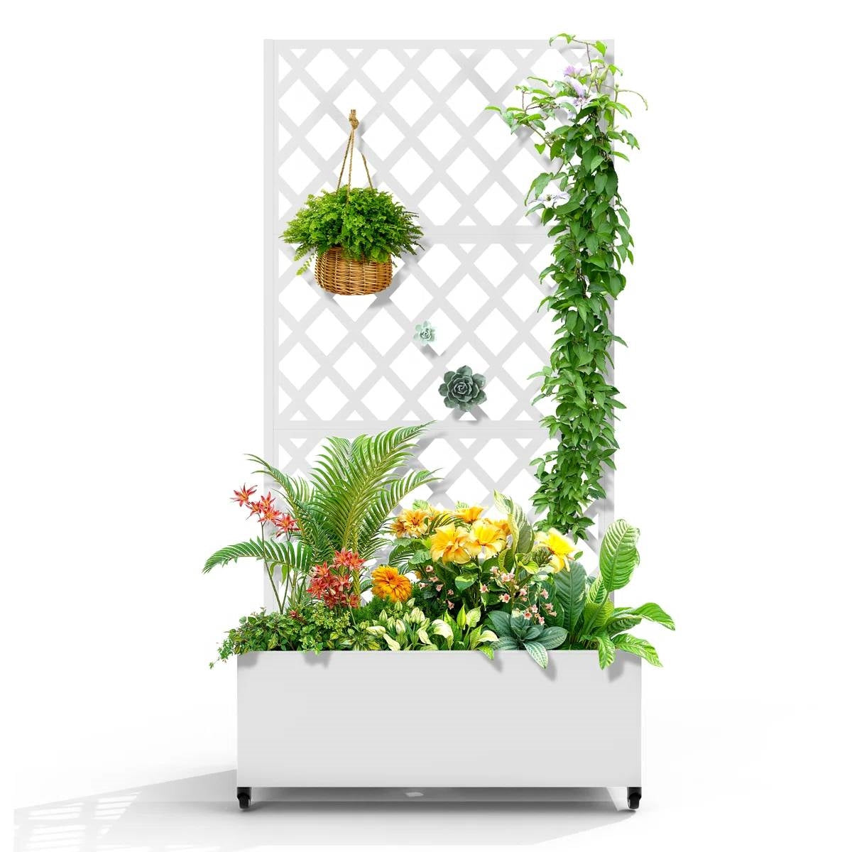 White Metal Outdoor Raised Garden Bed Planter Box with Trellis on Wheels filled with vibrant flowers and climbing plants.