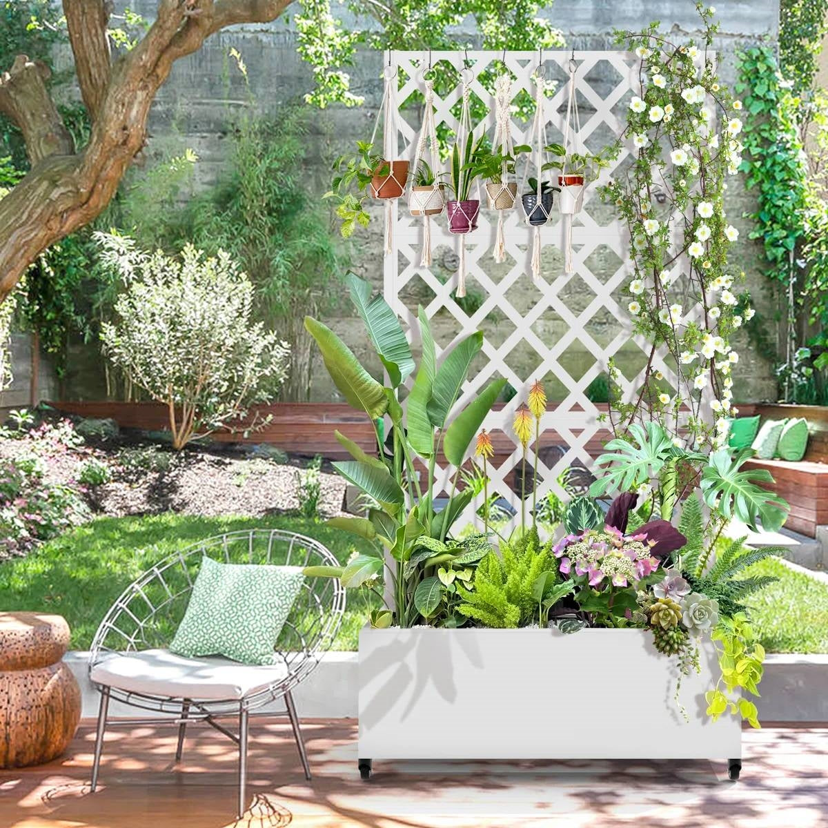 White Metal Outdoor Raised Garden Bed Planter Box with Trellis on Wheels in a lush garden setting