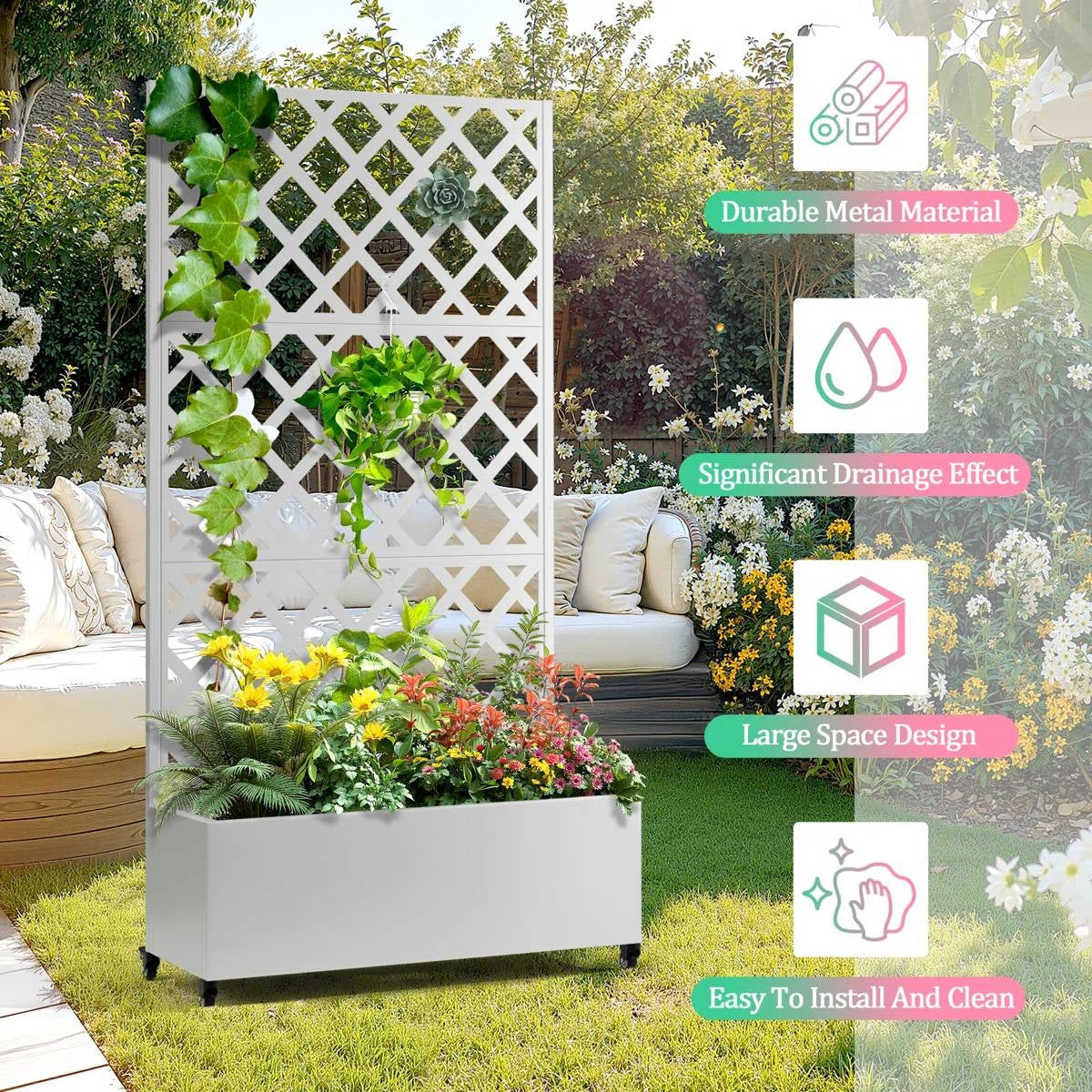 White Metal Outdoor Raised Garden Bed Planter Box with Trellis on Wheels in a garden setting