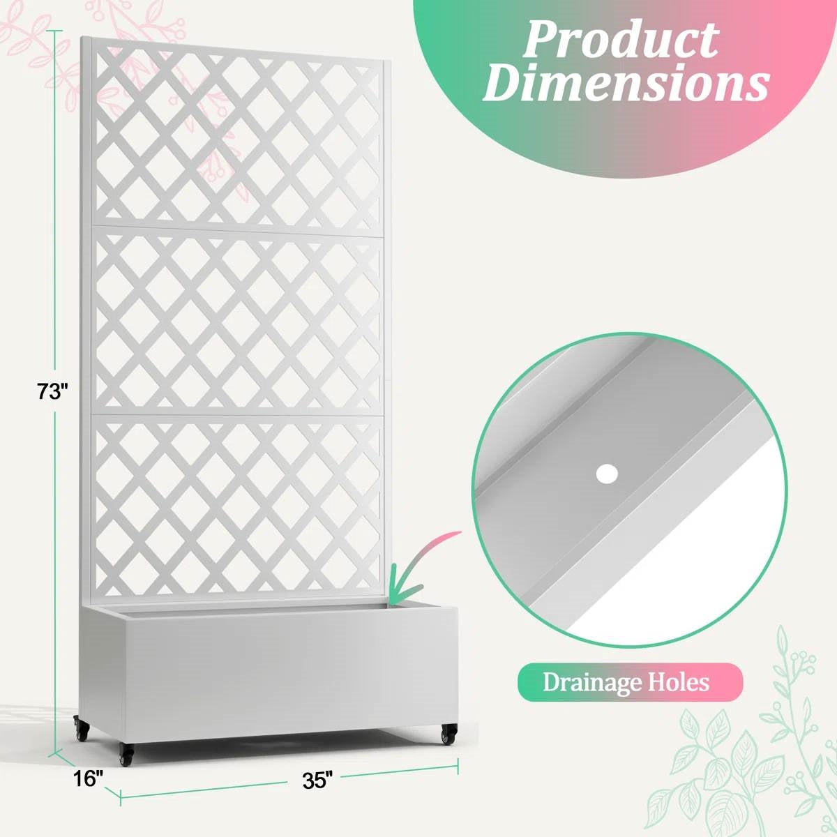 Dimensions and features of the White Metal Outdoor Raised Garden Bed Planter Box with Trellis on Wheels shown in the image