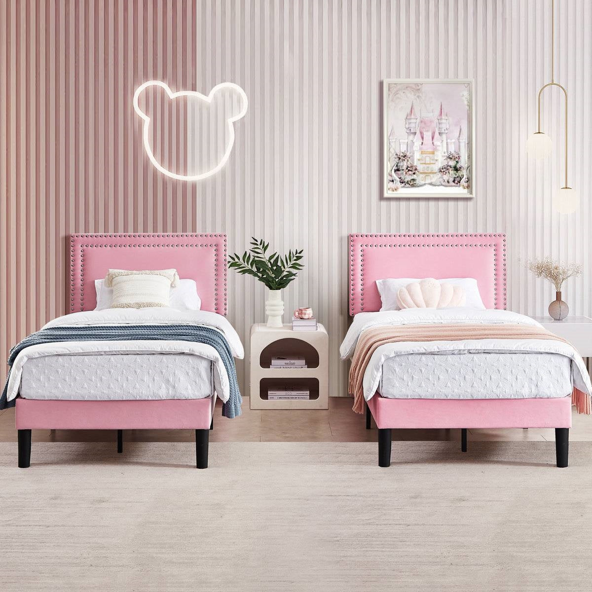 Set of 2 - Twin size Pink Upholstered Platform Bed with Nailhead Trim Headboard in a stylish, cozy bedroom setup