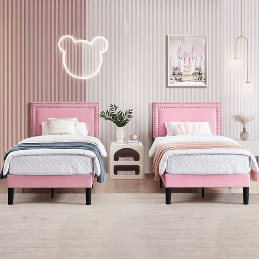 Set of 2 - Twin size Pink Upholstered Platform Bed with Nailhead Trim Headboard in a stylish, cozy bedroom setup