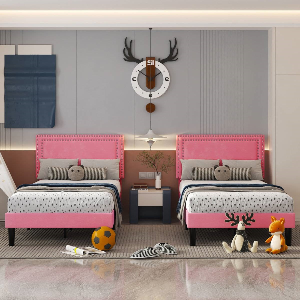 Set of 2 - Twin size Pink Upholstered Platform Bed with Nailhead Trim Headboard in modern bedroom setup