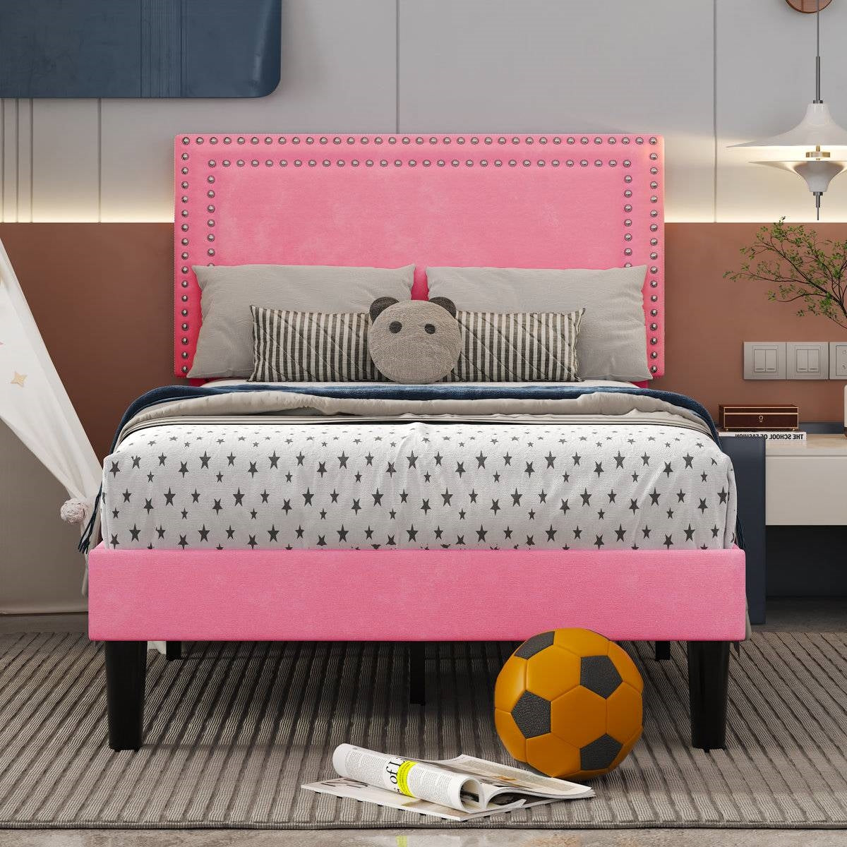 Set of 2 - Twin size Pink Upholstered Platform Bed with Nailhead Trim Headboard in a stylish bedroom setting
