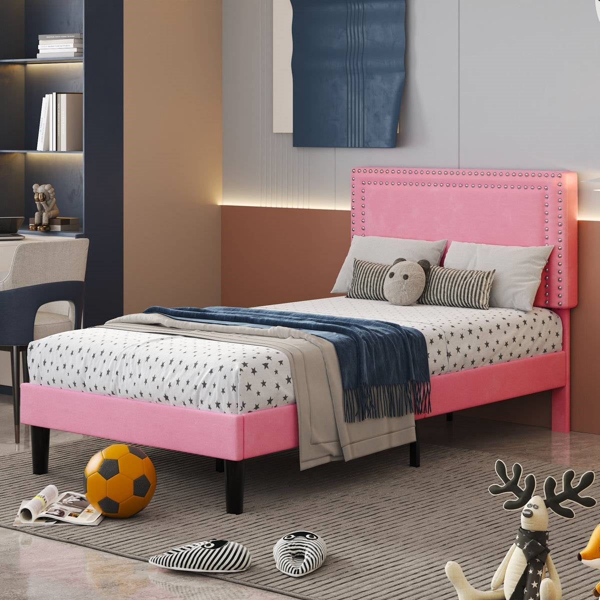 Set of 2 - Twin size Pink Upholstered Platform Bed with Nailhead Trim Headboard in stylish bedroom setup