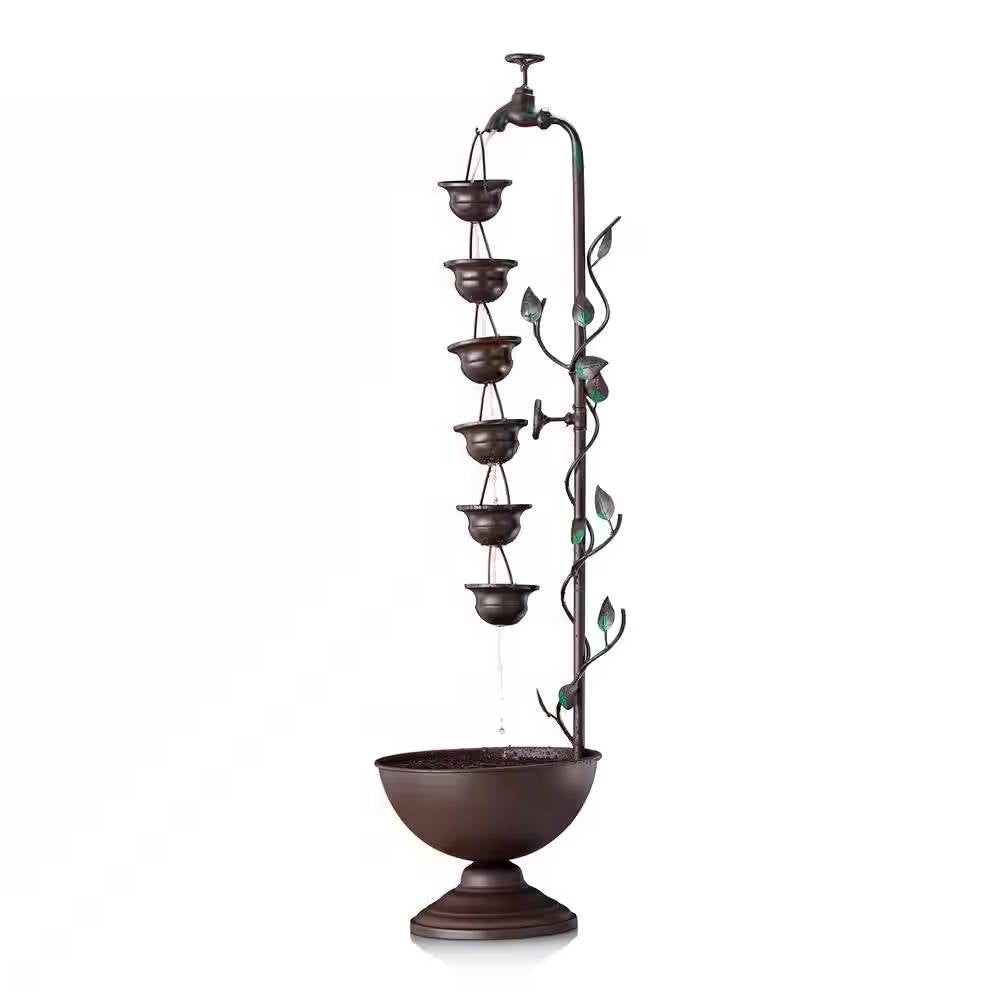 Outdoor Indoor 6-Tier Hanging Cups Water Fountain in Bronze Finish with flowing water and rustic design.