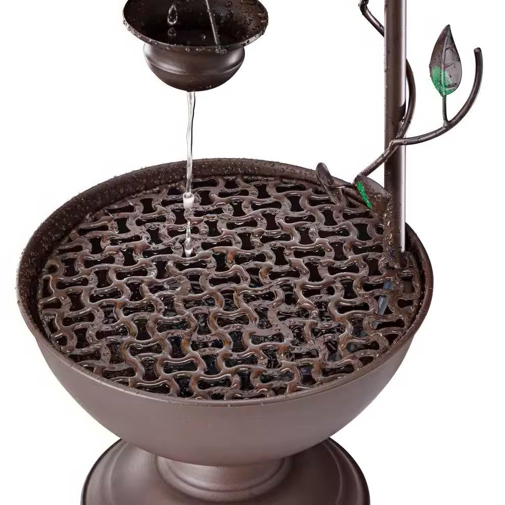 Outdoor Indoor 6-Tier Hanging Cups Water Fountain in Bronze Finish showing water trickling through cups into a decorative metal basin.