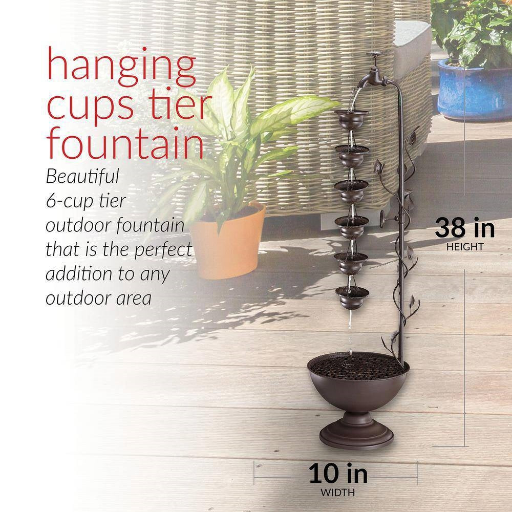 Outdoor Indoor 6-Tier Hanging Cups Water Fountain in Bronze Finish on display with rustic accents and dimensions