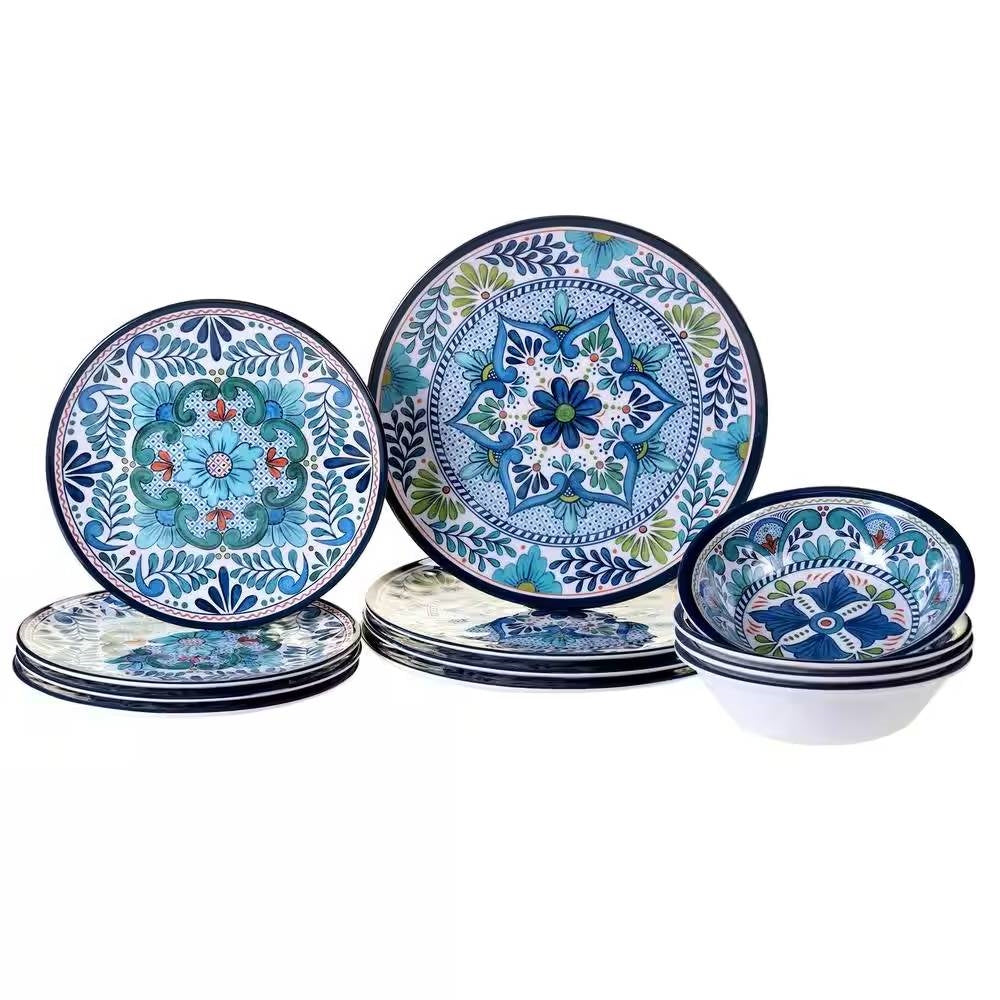 12-Piece Melamine Dinnerware Plates Bowls Set with Blue Floral Pattern displayed on table