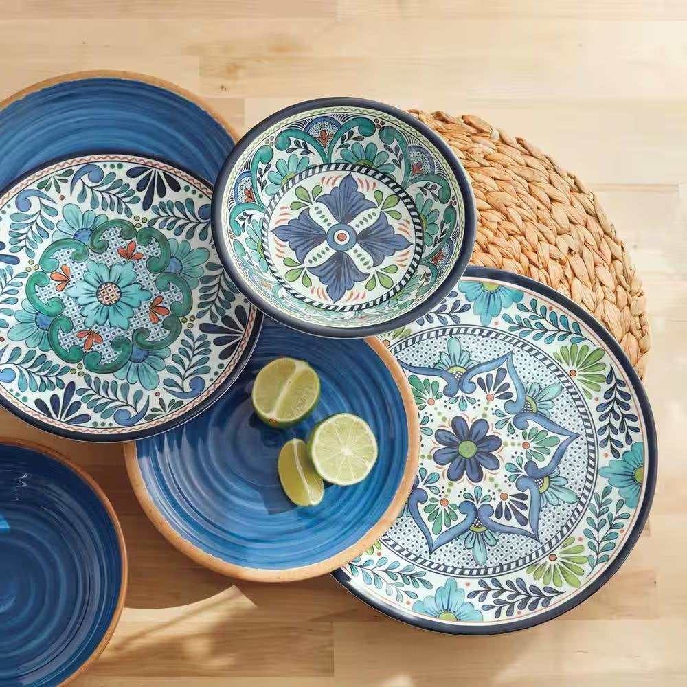 12-Piece Melamine Dinnerware Plates Bowls Set with Blue Floral Pattern on wooden table, stylish table setting