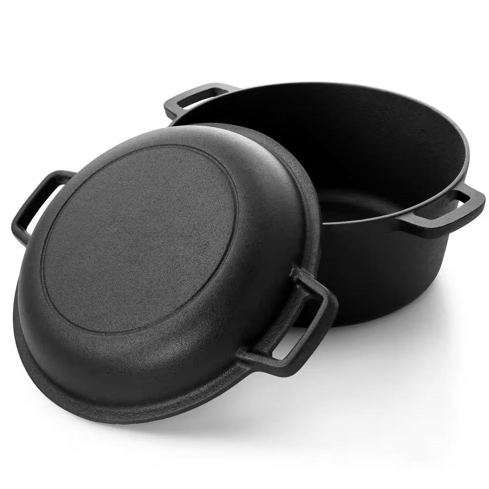 12-Piece Cast Iron Cookware set with Dutch Oven Frying Pan Skillet and Pizza Pan featuring an open cast iron dutch oven with lid.