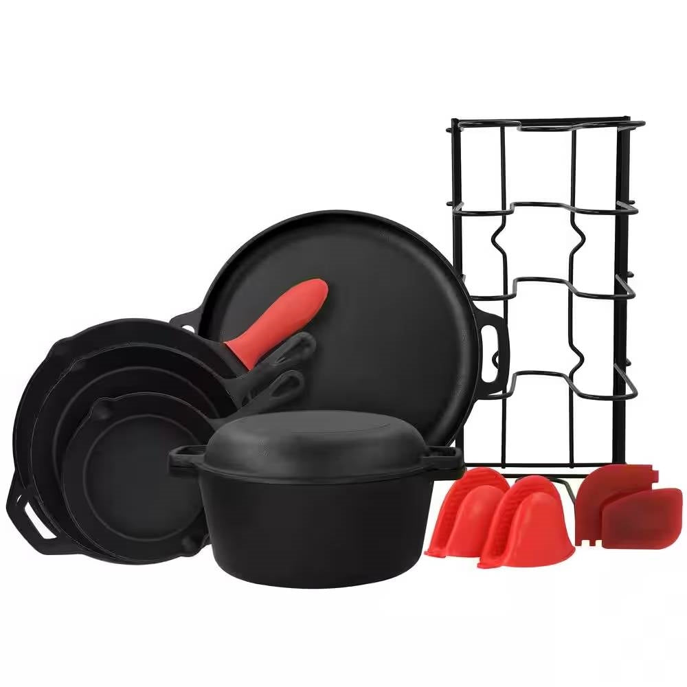 12-Piece Cast Iron Cookware set with Dutch Oven Frying Pan Skillet and Pizza Pan, featuring varied sizes and accessories for cooking essentials
