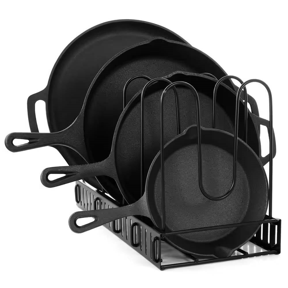 12-Piece Cast Iron Cookware set with Dutch Oven Frying Pan Skillet and Pizza Pan neatly organized in a rack