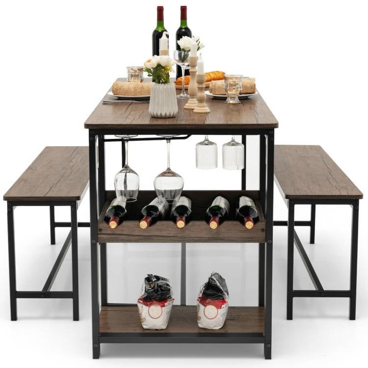 Modern Industrial 3-Piece Metal Wood Dining Set with 2 Benches and Wine Rack featuring a table set for four with wine bottles.
