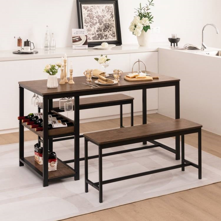 Modern Industrial 3-Piece Metal Wood Dining Set with 2 Benches and Wine Rack in a stylish kitchen environment