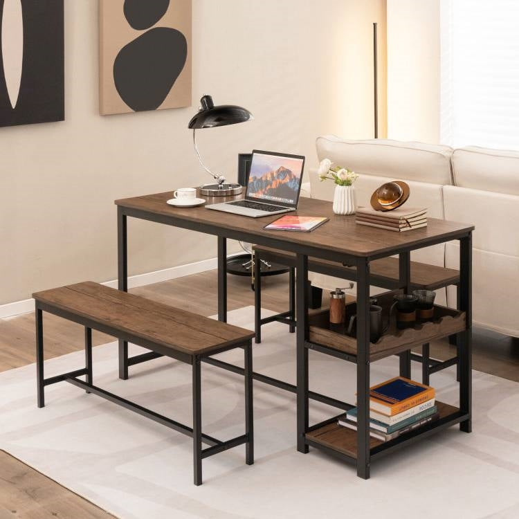 Modern Industrial 3-Piece Metal Wood Dining Set with 2 Benches and Wine Rack in a living room setting