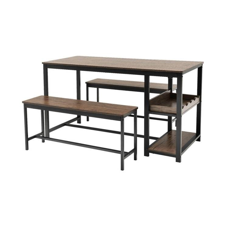 Modern Industrial 3-Piece Metal Wood Dining Set with 2 Benches and Wine Rack featuring table and benches.
