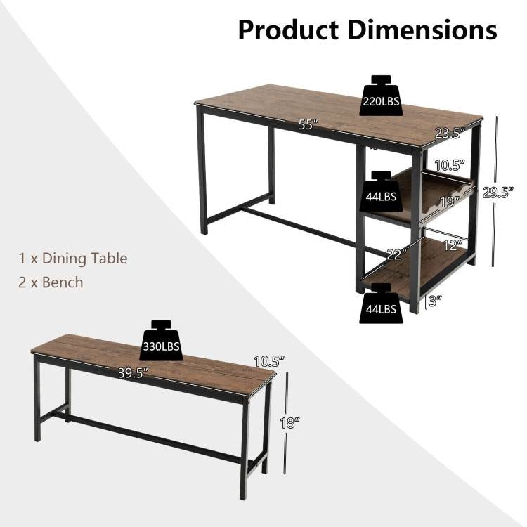 Dimensions of Modern Industrial 3-Piece Metal Wood Dining Set with 2 Benches and Wine Rack
